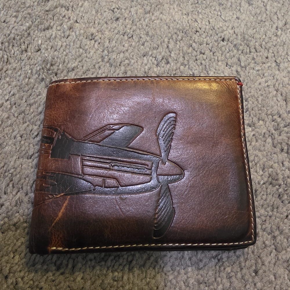 Fossil Brown Leather Wallet with Airplane Design